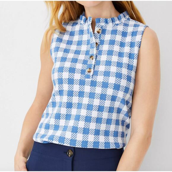 Ann Taylor Plaid Ruffle Neck Button Shell Top White Blue Checkered Sz M - Picture 1 of 10